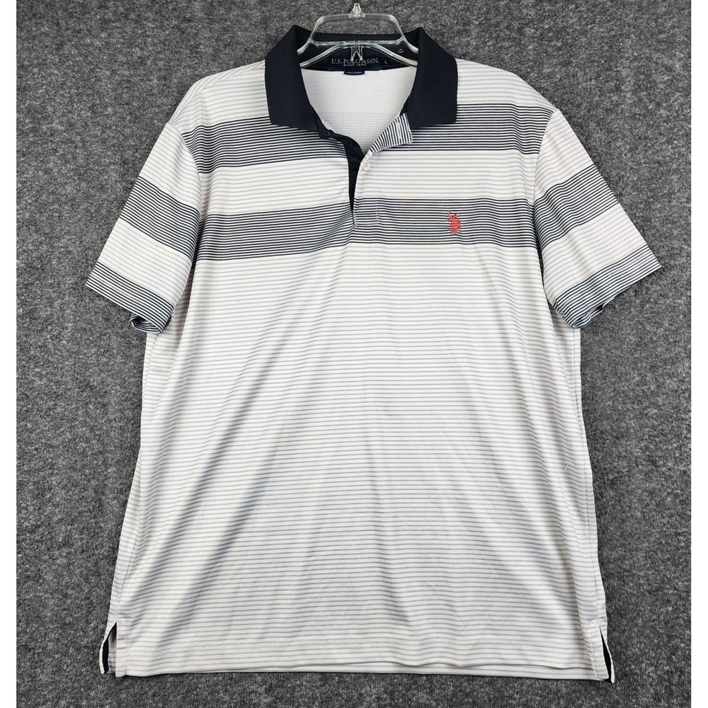 US Polo Assn Polo Shirt Mens L White Navy Striped Performance Stretch Logo